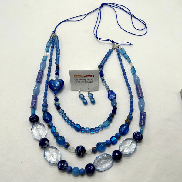 "Cerulean", 3-Layers, Mixed Beads necklace