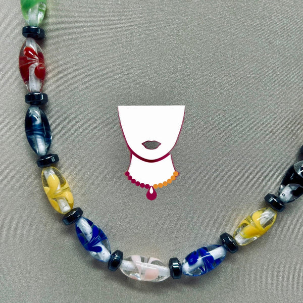 Colorful beaded necklace with a white bonnet illustration on a gray background