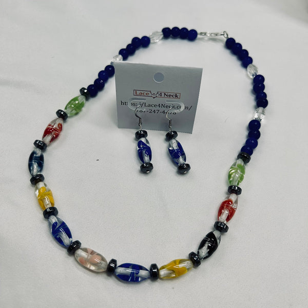 Beaded necklace and earrings set with a 'Lace & Neck' card on a white background