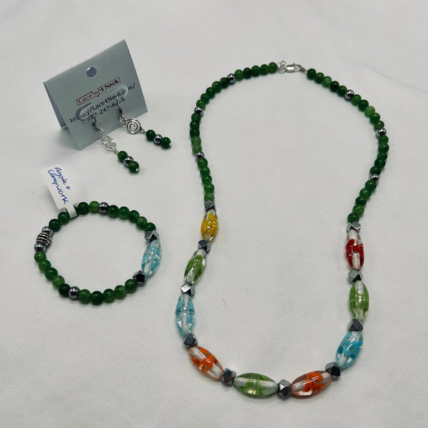 Beaded necklace and bracelet set with a card on a light gray background