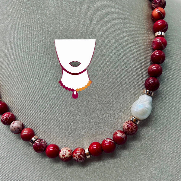 “Mar Rojo”, FW Pearl & Red Sea Sediment Jasper necklace