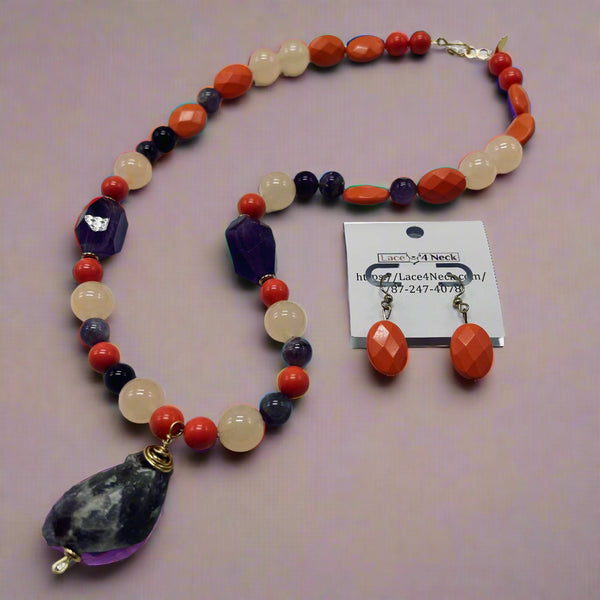 Necklace with multicolored beads and matching earrings on a white background