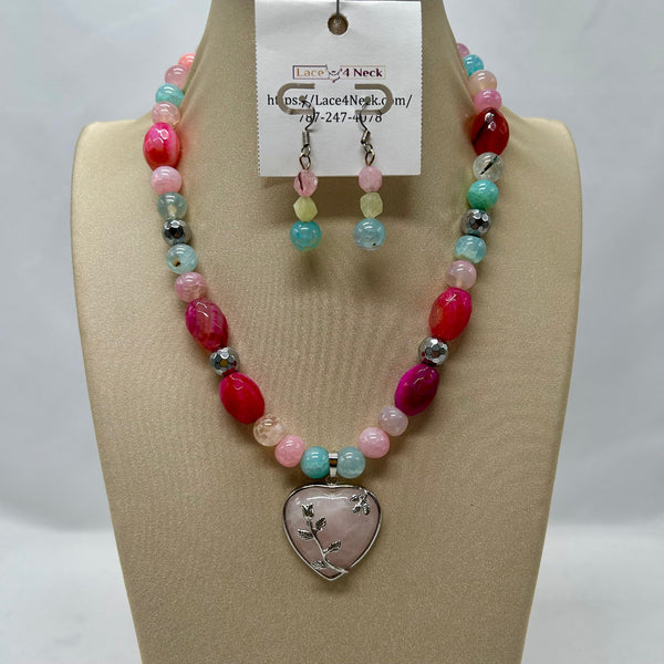 "Vespertino", Dragon Veins Agate & Rose Quartz necklace