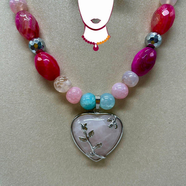 "Vespertino", Dragon Veins Agate & Rose Quartz necklace