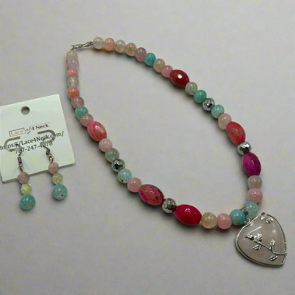 "Vespertino", Dragon Veins Agate & Rose Quartz necklace