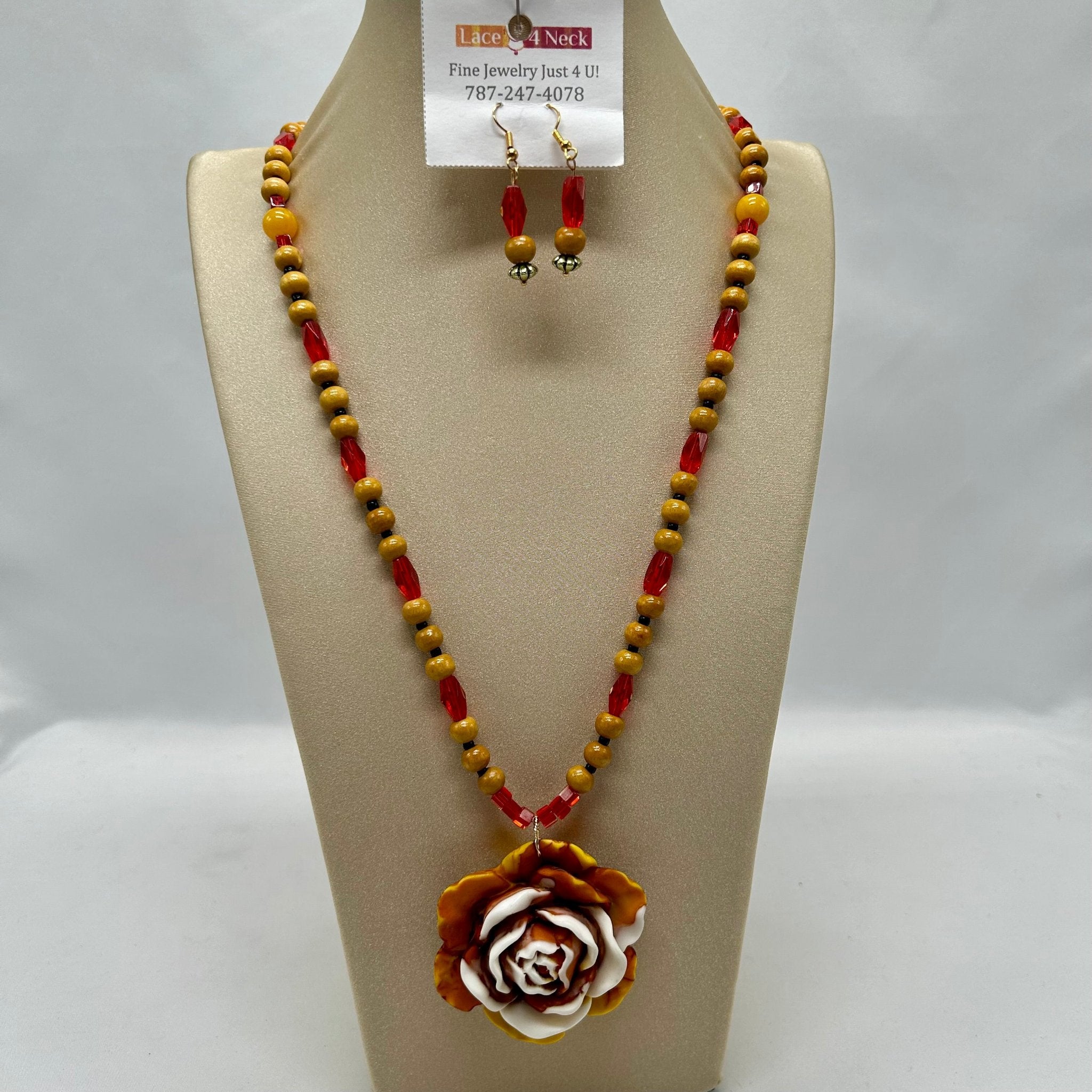 “Amber Flower”, Wood and Glass necklace