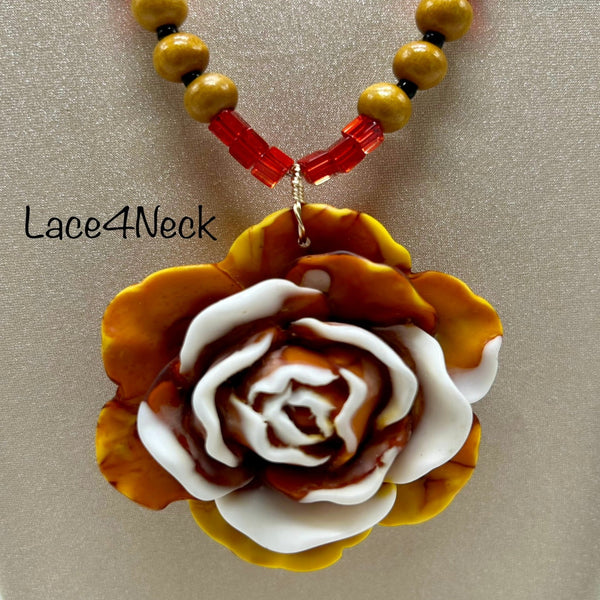 “Amber Flower”, Wood and Glass necklace