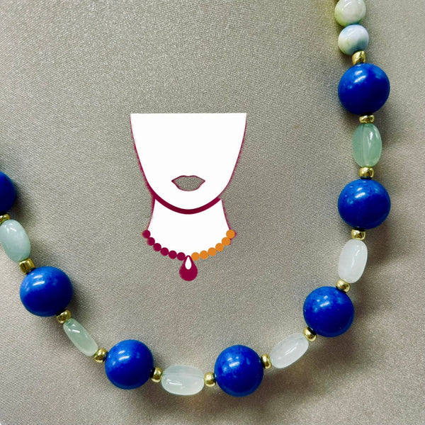 Necklace with blue and white beads on a beige background with a cartoon illustration of a headscarf.