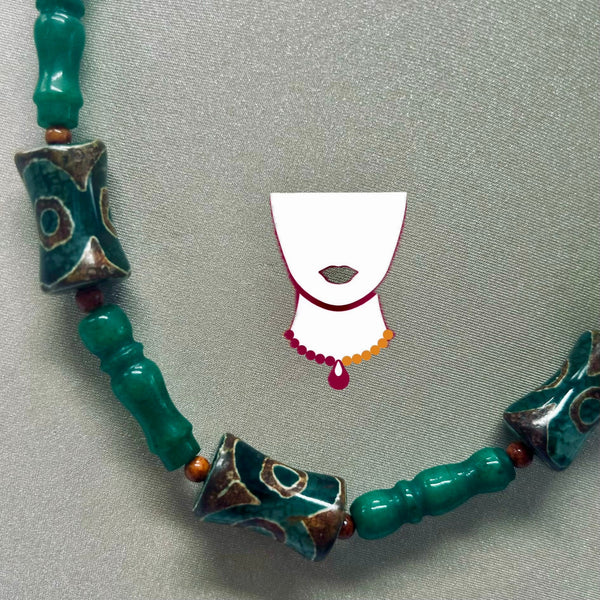 A beaded necklace with turquoise green cylindrical beads, patterned dark green and brown cylindrical beads, and small brown spacer beads, displayed on a gray textured background with a small white necklace graphic overlay.