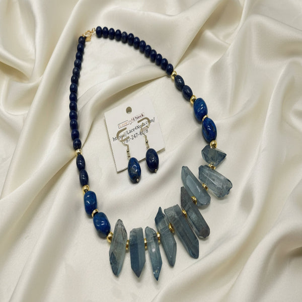 Necklace with blue beads and crystal-like elements on a white background, accompanied by an earring card.