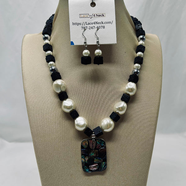 “Basalto,” Pava Shell, Glass Pearls, and Lava necklace