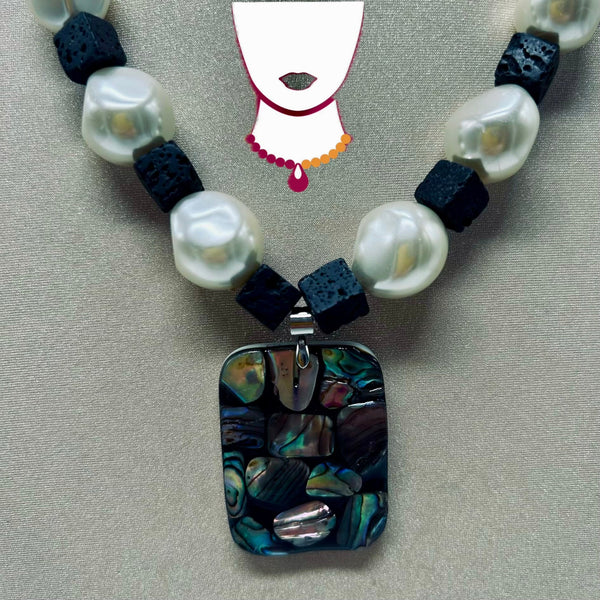 “Basalto,” Pava Shell, Glass Pearls, and Lava necklace