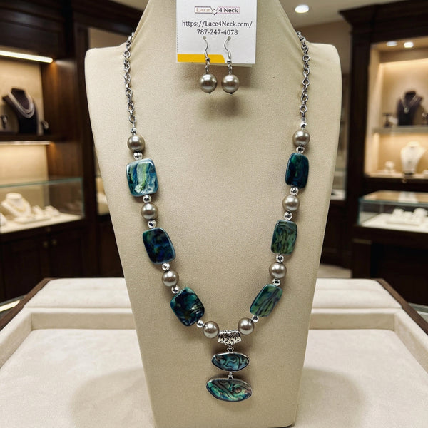 “Caracola,” Abalone, Glass Pearls & Shell Long necklace