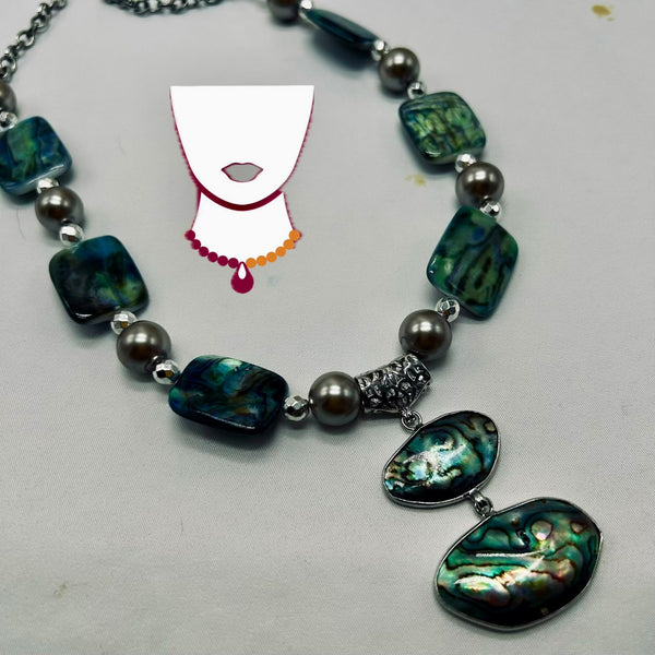 “Caracola,” Abalone, Glass Pearls & Shell Long necklace