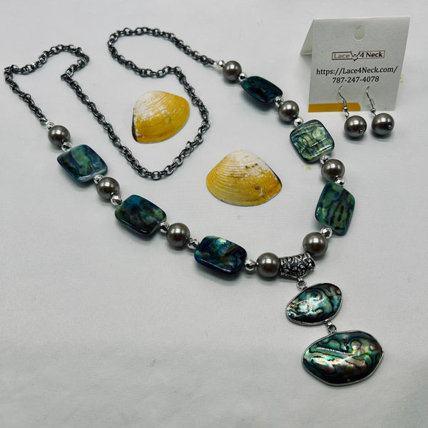 “Caracola,” Abalone, Glass Pearls & Shell Long necklace
