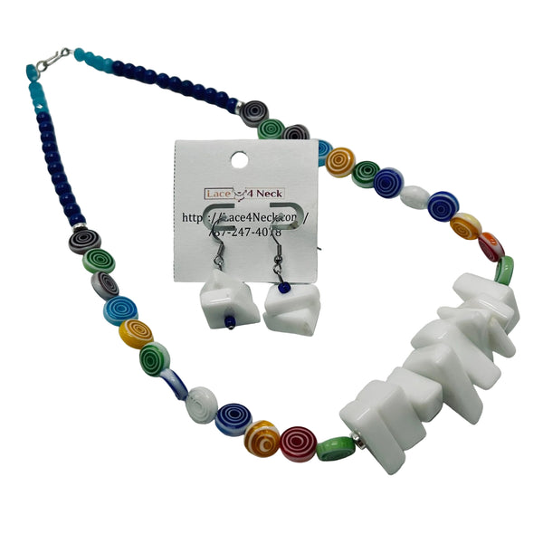 Colorful beaded necklace and earrings with a white card displaying a brand name on a light gray background.