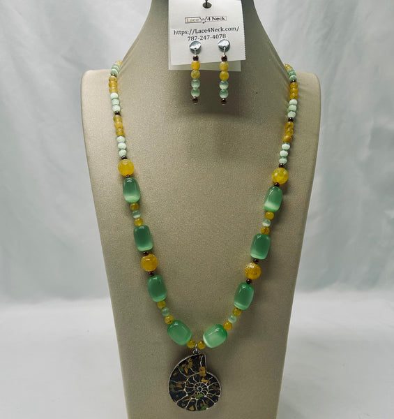 “Creature,” Ammonite, Cat Eye, & Yellow Aventurine necklace