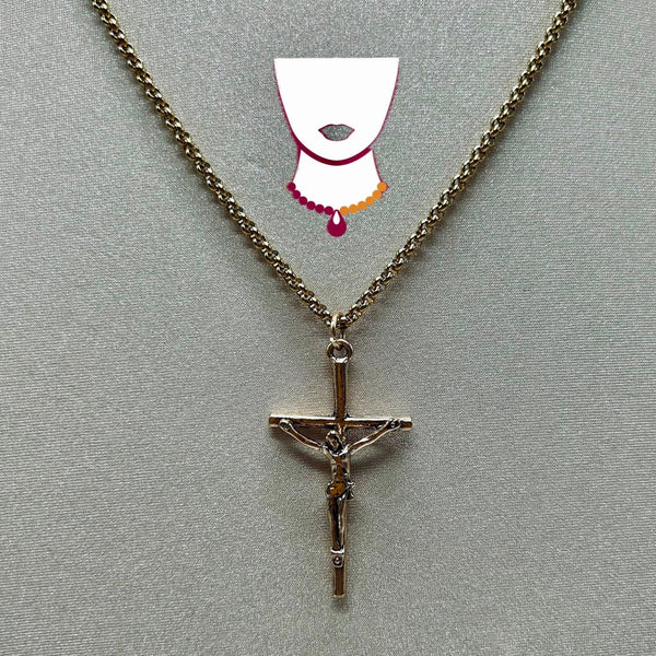 Gold crucifix in gold stainless steel chain.