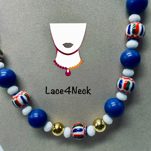 A beaded necklace displayed on a textured gray background, featuring blue beads, white beads, gold beads, and patterned red, white, and blue glass beads. A white graphic of a neck with a necklace is centered above the text 'Lace4Neck'.