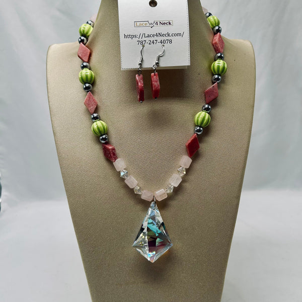 “Fabricia,” Porcelain, Rhodonite, and Rose Quartz necklace