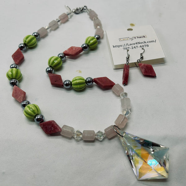 “Fabricia,” Porcelain, Rhodonite, and Rose Quartz necklace