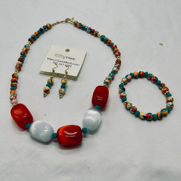 Colorful bead necklace, bracelet, and earrings on a white background with a card displaying a website URL.