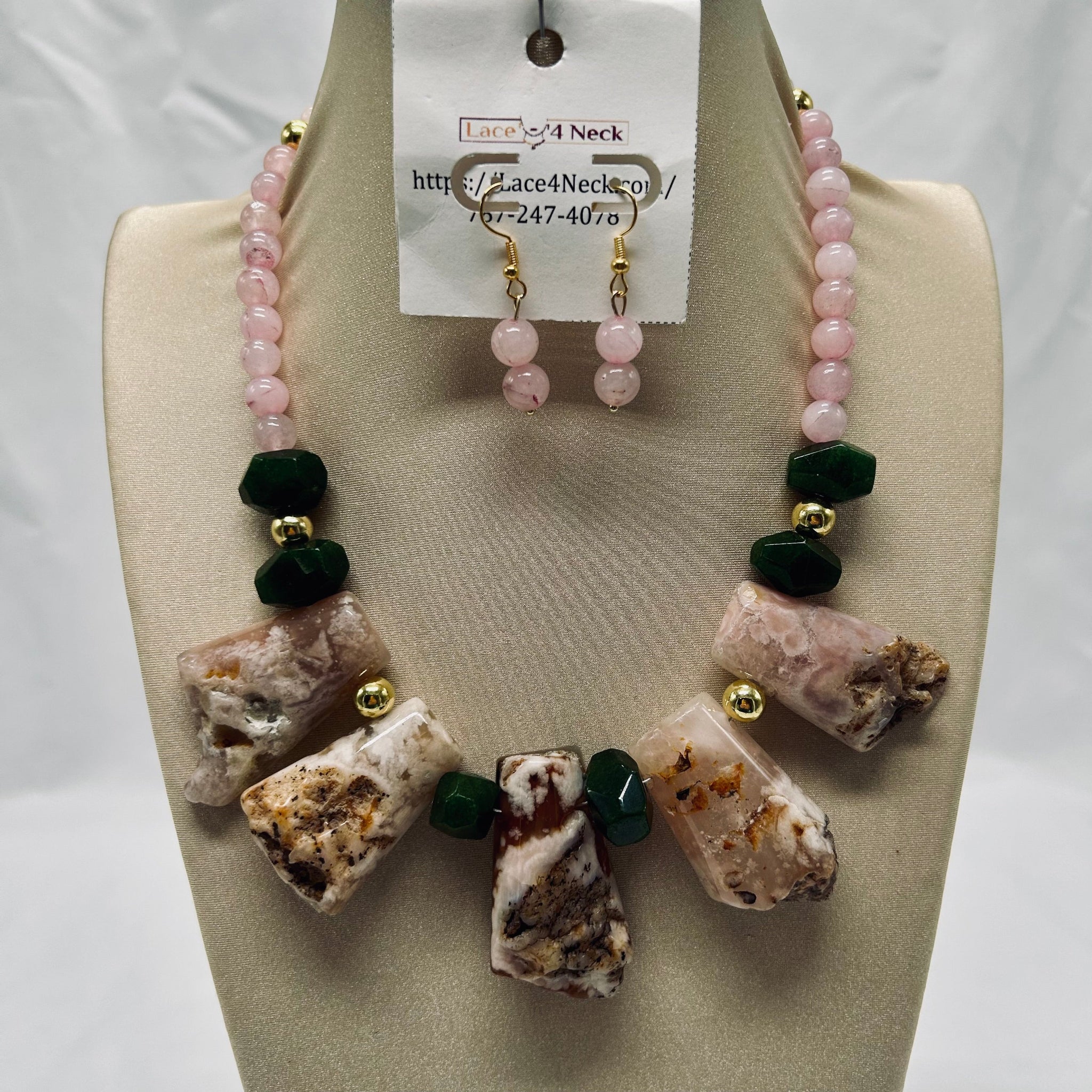 Necklace and earrings set on a mannequin bust with 'Lace4Necklace' tag.