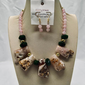 Necklace and earrings set on a mannequin bust with 'Lace4Necklace' tag.