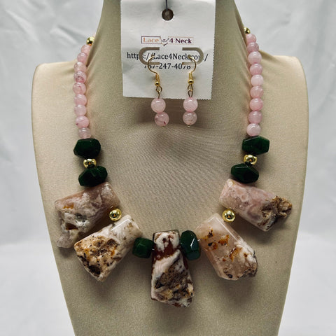 Necklace and earrings set on a mannequin bust with 'Lace4Necklace' tag.