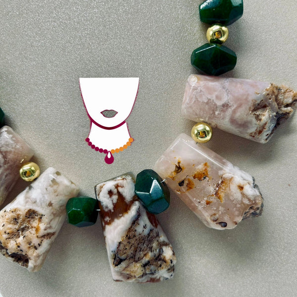 “Hanami,” Cherry Blossom Agate, Jade & Rose Quartz necklace