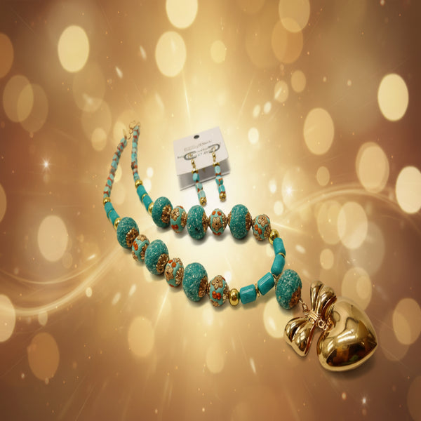 Turquoise beaded necklace with gold heart pendant on a white background