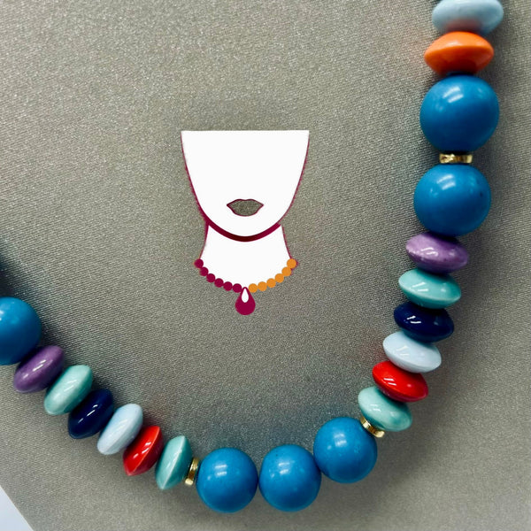 Colorful beaded necklace with a cartoon-style headscarf on a gray background