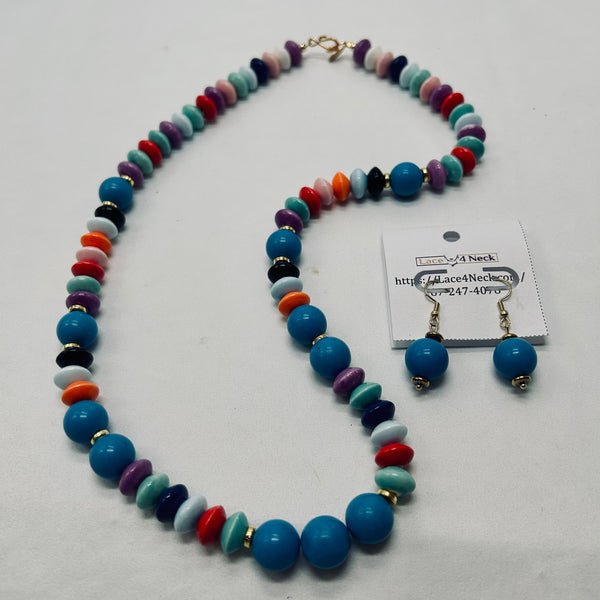 Colorful beaded necklace with matching earrings on a white background
