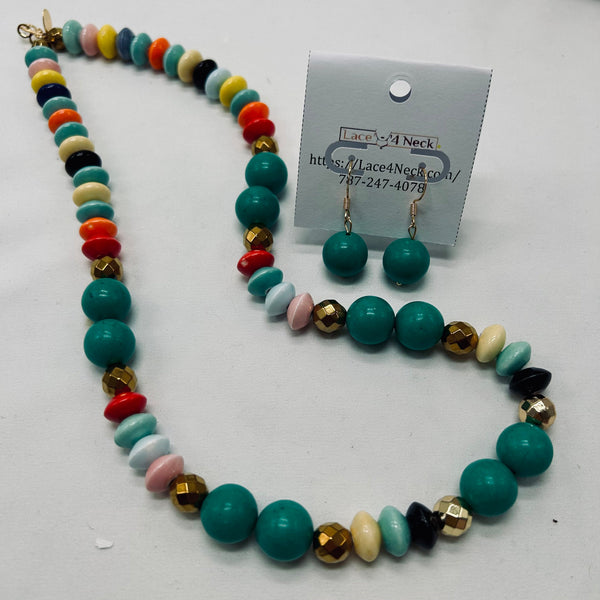 Colorful beaded necklace and earrings with a card displaying a website URL on a white background