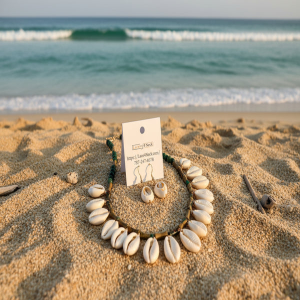 Necklace and earrings set with shell-like beads on a white background
