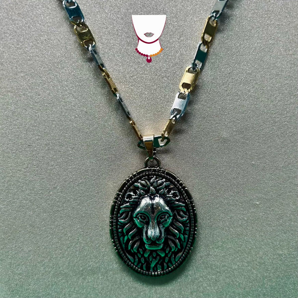 Necklace with a wolf head pendant on a gray background