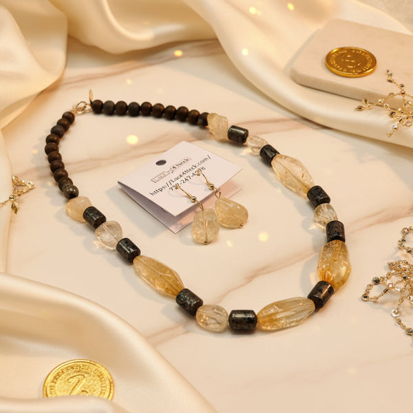 Necklace and earrings set with beads on a white background