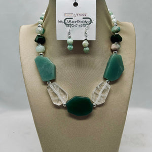 “Minty”, Olive Cherry Blossom Agate & Quartz necklace