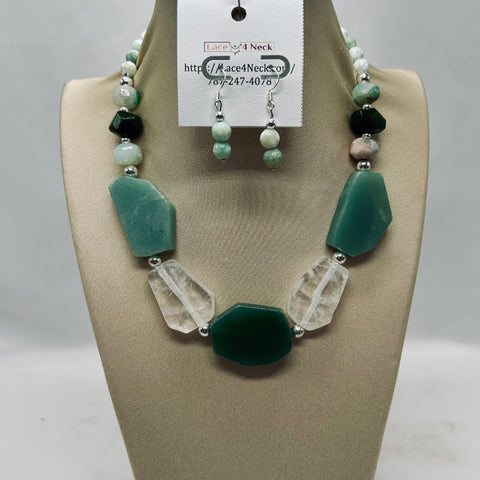 “Minty”, Olive Cherry Blossom Agate & Quartz necklace