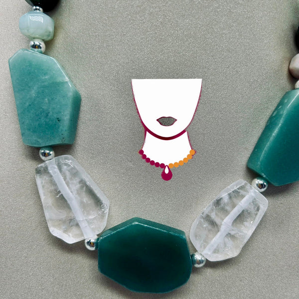“Minty”, Olive Cherry Blossom Agate & Quartz necklace