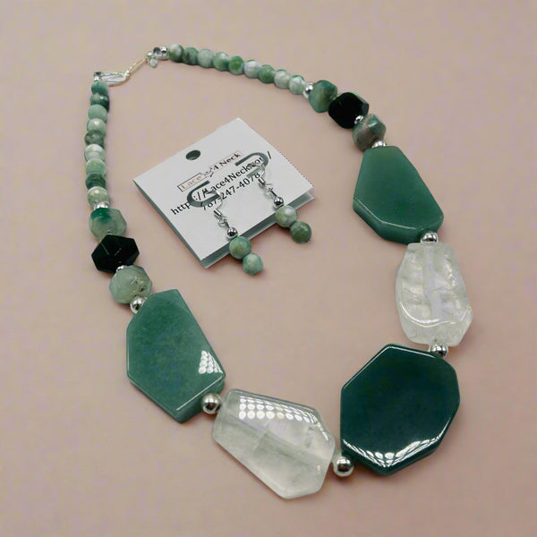 “Minty”, Olive Cherry Blossom Agate & Quartz necklace