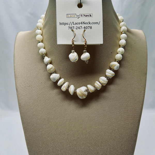 Pearl necklace and earrings set on a mannequin bust with a 'Lace4Neck' tag.