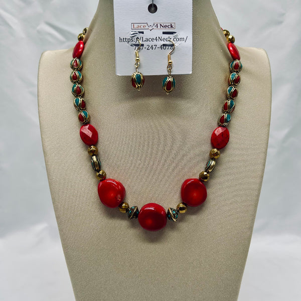 Necklace and earrings set on a mannequin bust with a visible brand tag.