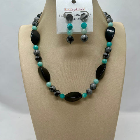 “Nébula”, Amazonite & Snowflake Obsidian necklace