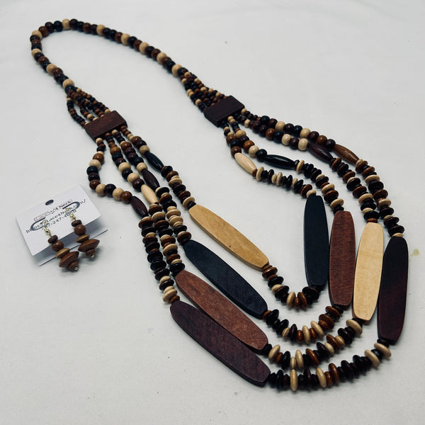 Wooden beaded necklace with a card on a white background
