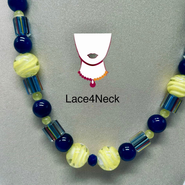 Necklace with blue and yellow beads on a gray background, featuring the brand 'Lace4Neck'.