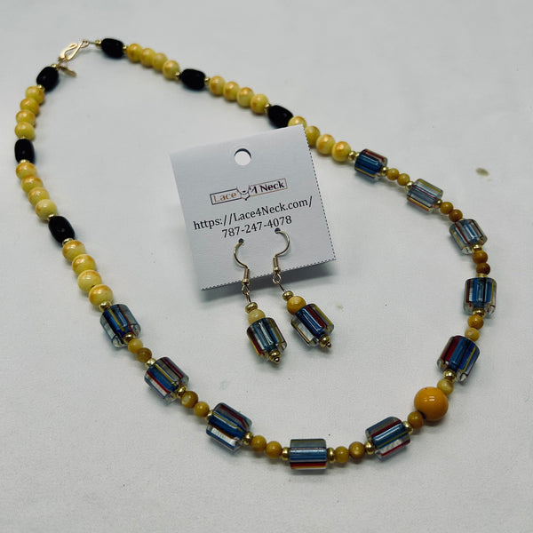 Beaded necklace and earrings set with a product card on a white background