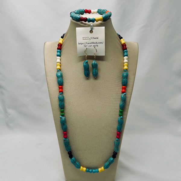 Jewelry set including necklace, earrings, and bracelet on a mannequin bust with a visible brand tag.