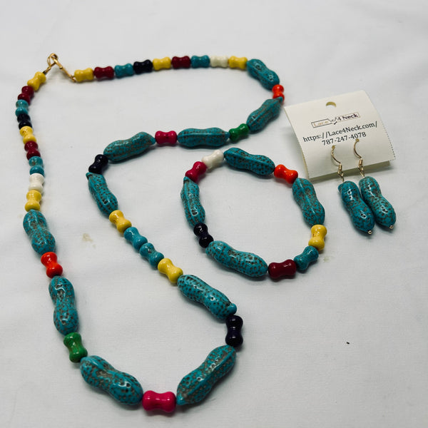 Colorful beaded necklace and earrings on a white background with a visible brand tag.