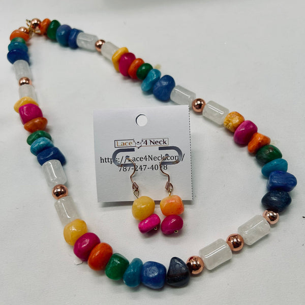 Colorful beaded necklace and earrings set with a 'Lace 4 Neck' tag on a white background